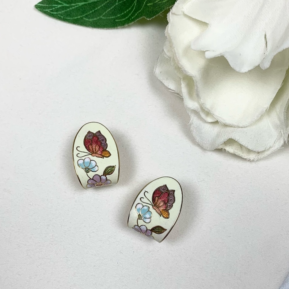 Vintage Asian Cloisonne Butterfly Flower Earrings